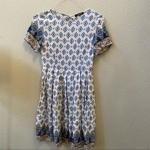 JEUVRE ornate print white blue swing short sleeve mini dress womens M